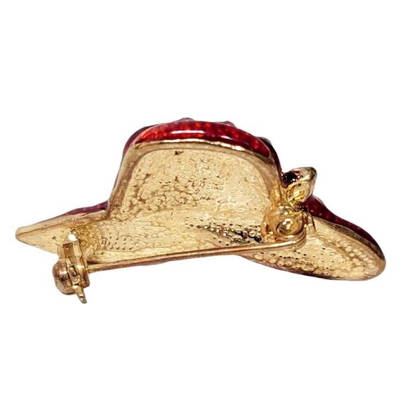 Vintage Red Hat Society Rhinestone Paved Brooch Pin Pendant Gold Tone - Picture 3 of 4